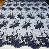 Beaded & Corded Lace Fabric - Embroidered 100 Percent Polyester Net Mesh, Navy/Black, 54" Width (1 Yard)