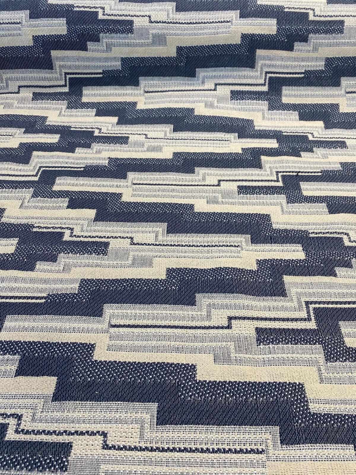 Underline Blue Ink Woven Upholstery Fabric - Blue, Ivory And White Texture, 56" Width (1 Yard)
