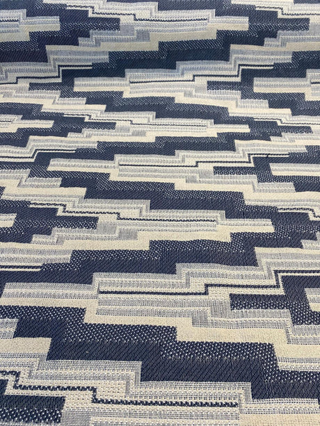 Underline Blue Ink Woven Upholstery Fabric - Blue, Ivory And White Texture, 56" Width (1 Yard)
