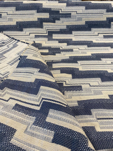 Underline Blue Ink Woven Upholstery Fabric - Blue, Ivory And White Texture, 56" Width (1 Yard)