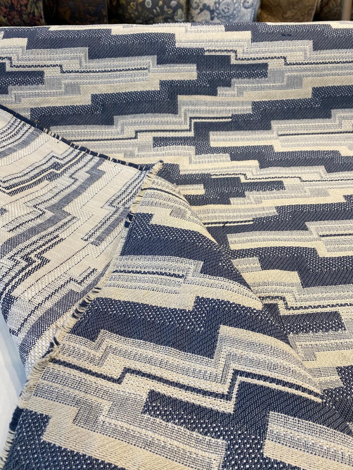 Underline Blue Ink Woven Upholstery Fabric - Blue, Ivory And White Texture, 56" Width (1 Yard)