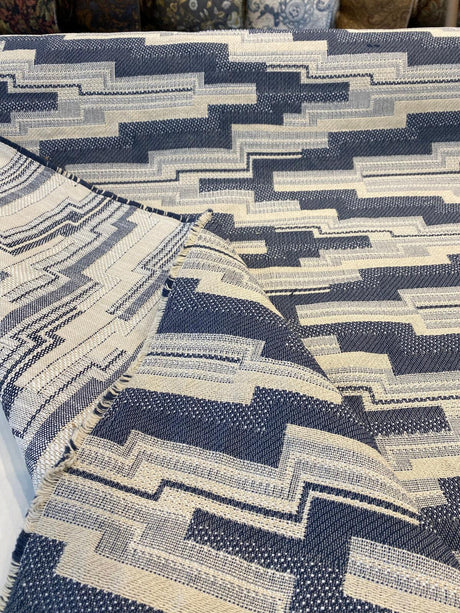 Underline Blue Ink Woven Upholstery Fabric - Blue, Ivory And White Texture, 56" Width (1 Yard)