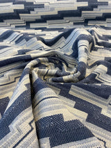 Underline Blue Ink Woven Upholstery Fabric - Blue, Ivory And White Texture, 56" Width (1 Yard)