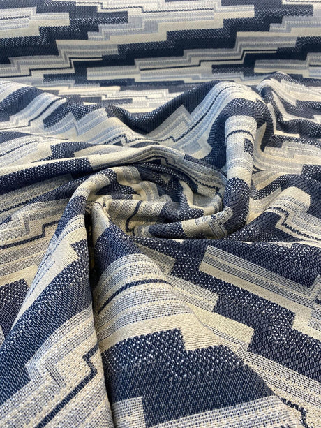Underline Blue Ink Woven Upholstery Fabric - Blue, Ivory And White Texture, 56" Width (1 Yard)