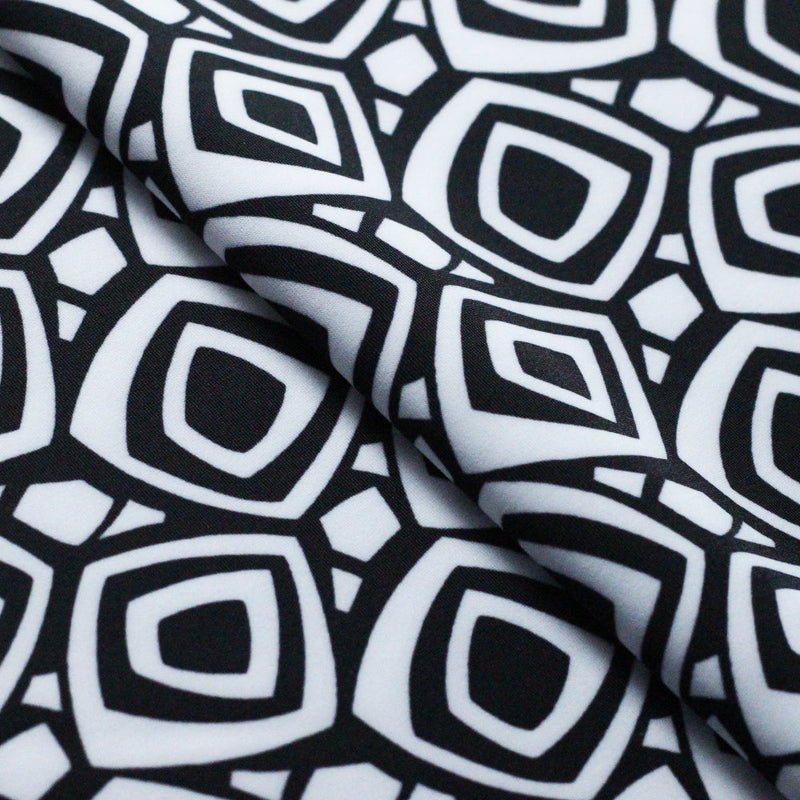 60's Geo Printed Poly Spandex Fabric - Black and White Geometric Squares, 58-60" Width (1 Yard)