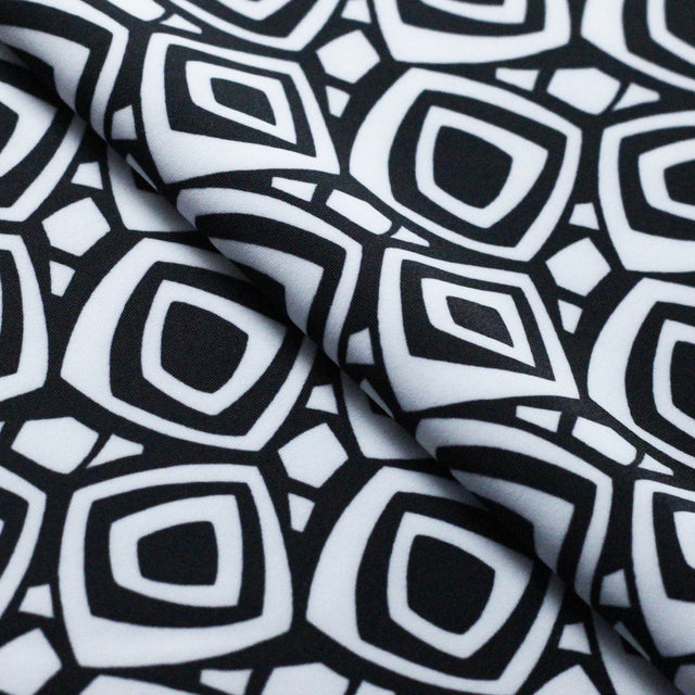 60's Geo Printed Poly Spandex Fabric - Black and White Geometric Squares, 58-60" Width (1 Yard)
