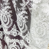 1 Yard Beaded & Corded Lace Fabric Embroidered on 100% Polyester Net Mesh Ivory with Silver