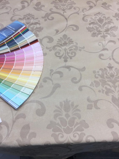 Damask Embossed French Cream Suede Fabric - Cream Damask Embossed, 58" Width (1 Yard)