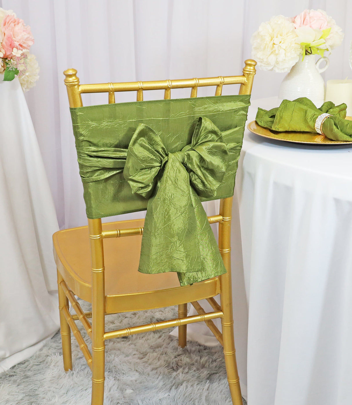 Crushed Taffeta Chair Sash Sample 9.5x108 Moss Green/Olive Green