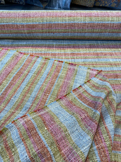Line Dance Berry Polyester Rayon Linen Fabric - Orange Pink Green Blue Stripe, 56" Width (By The Yard)