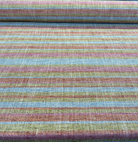 Line Dance Berry Polyester Rayon Linen Fabric - Orange Pink Green Blue Stripe, 56" Width (By The Yard)