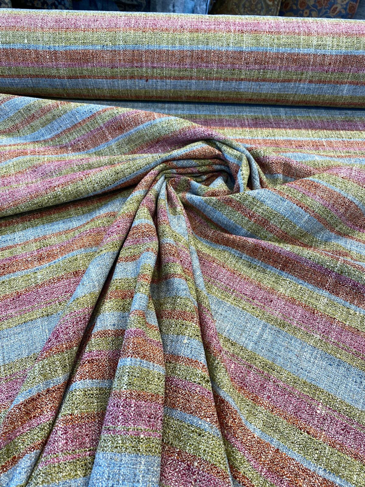 Line Dance Berry Polyester Rayon Linen Fabric - Orange Pink Green Blue Stripe, 56" Width (By The Yard)