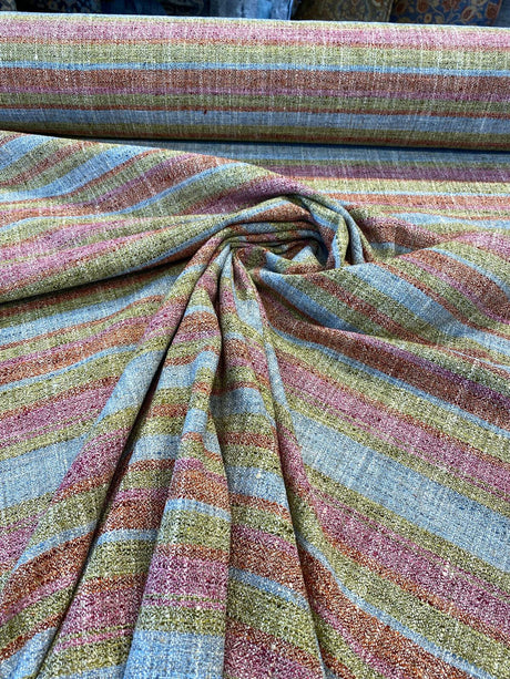 Line Dance Berry Polyester Rayon Linen Fabric - Orange Pink Green Blue Stripe, 56" Width (By The Yard)