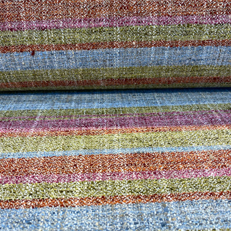 Line Dance Berry Polyester Rayon Linen Fabric - Orange Pink Green Blue Stripe, 56" Width (By The Yard)