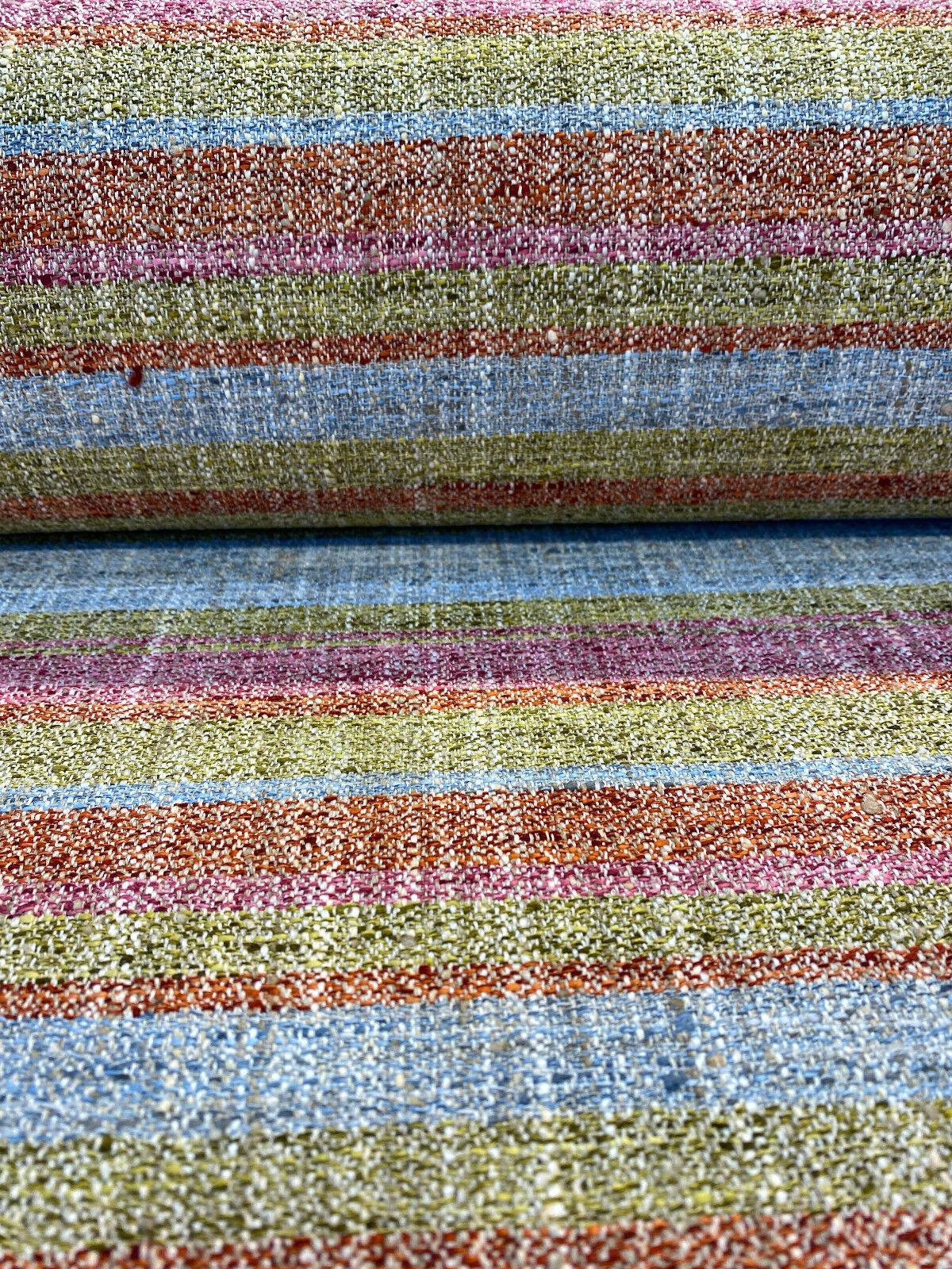 Line Dance Berry Polyester Rayon Linen Fabric - Orange Pink Green Blue Stripe, 56" Width (By The Yard)