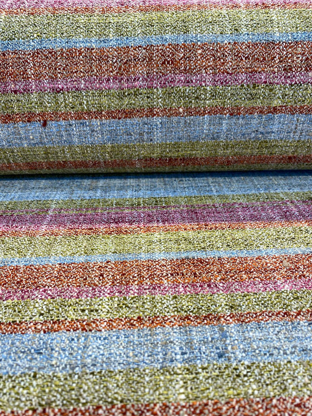 Line Dance Berry Polyester Rayon Linen Fabric - Orange Pink Green Blue Stripe, 56" Width (By The Yard)