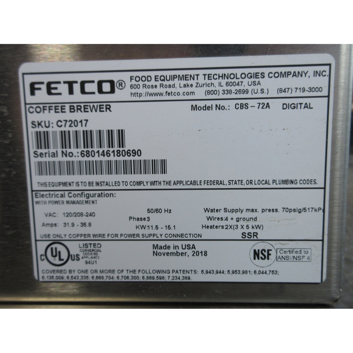 Fetco CBS-72A High Volume Thermal Coffee Maker, Brand New