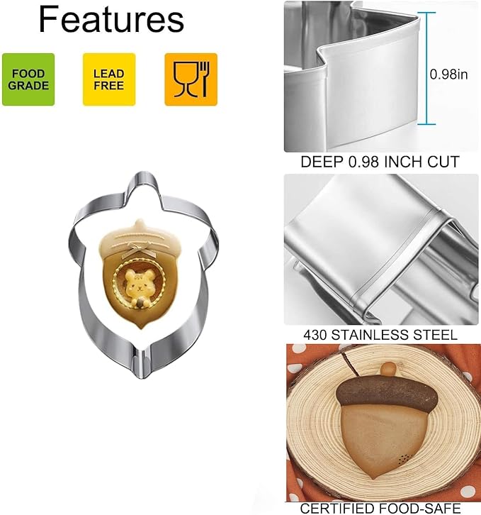 6 PCS Fall Cookie Cutter Set – Pumpkin, Maple Leaf, Oak Leaf, Turkey, Squirrel & Acorn Shapes