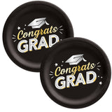 Black Congrats Grad 8 1/2" Round Disposable Dinner Plates – 8 Count