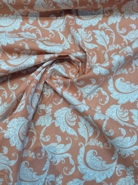 Prestwick Panorama Papaya Cotton Fabric - Monochromatic Swirling Stylized Leaves, 45" Width (1 Yard)