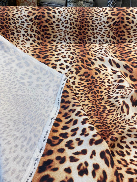 Jaguar Mombasa Bright Cotton Canvas Fabric - Jaguar Skin Design, Beige White Black Rustish Orange, 56" Width (1 Yard)