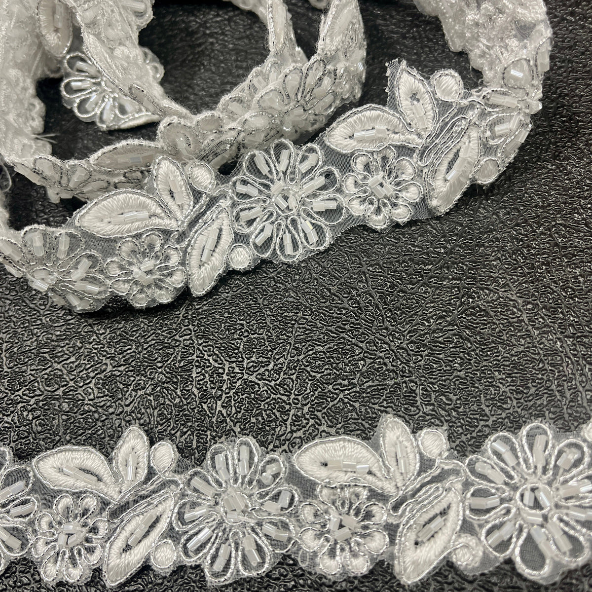 1 Yard Beaded & Corded Lace Trimming Embroidered on 100% Polyester Organza 1" Wide
