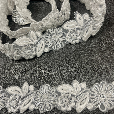 Beaded & Corded Lace Trimming Embroidered On 100% Polyester Organza Fabric - Champagne, White/Silver, 1" Wide (1 Yard)