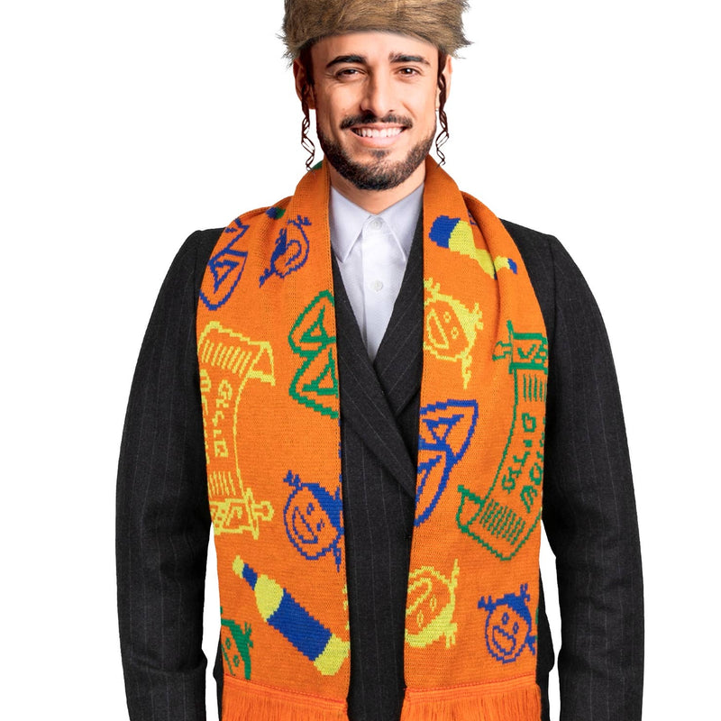 Purim holiday print scarf with Jewish symbols and text