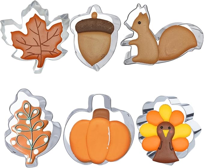 6 PCS Fall Cookie Cutter Set – Pumpkin, Maple Leaf, Oak Leaf, Turkey, Squirrel & Acorn Shapes