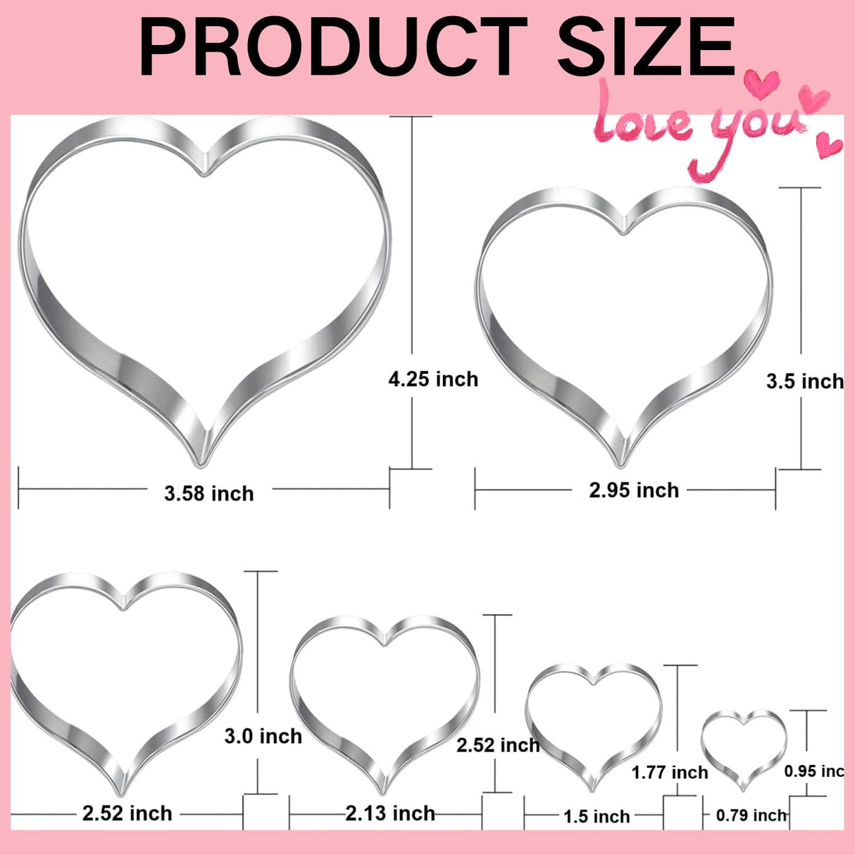 Heart Cookie Cutter Set-6 Pieces-4.25" 3.5" 3.0" 2.5" 1.7" 0.95"-Cookie Cutters Fondant
