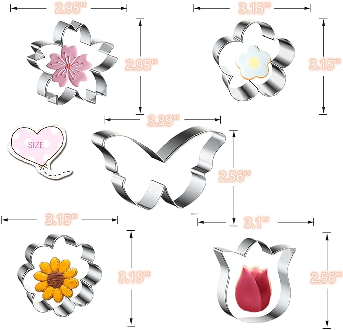 Spring Summer Flowers Cookie Cutters - Rose, Sunflower, Tulip, Daisy Flower, Butterfly, Stainless Steel Holiday Cookie Cutter Shapes for Baking Gift