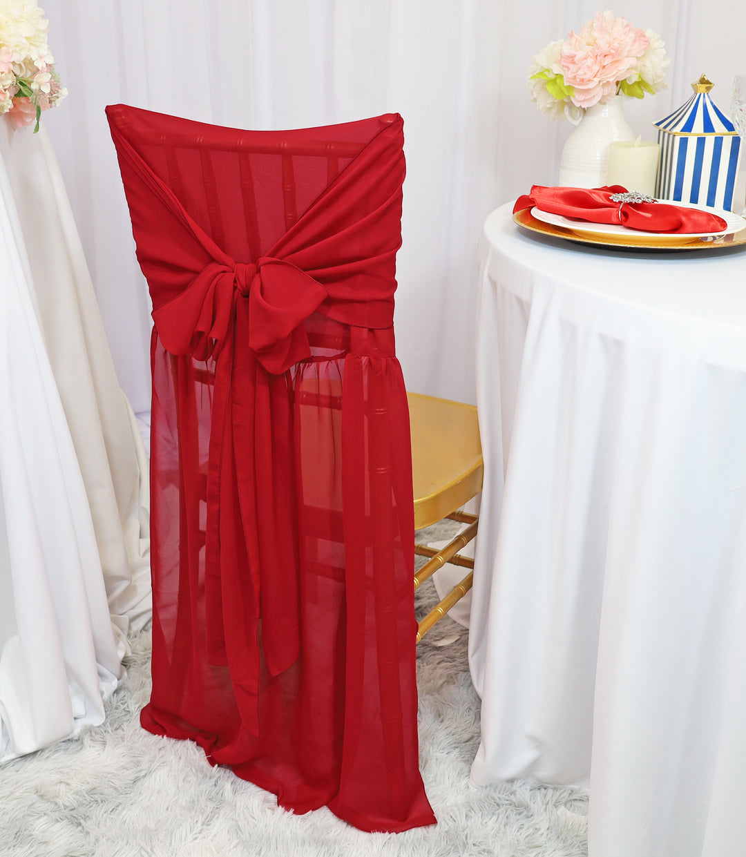 Apple Red Chiffon Chiavari Chair Back Cover with Sash