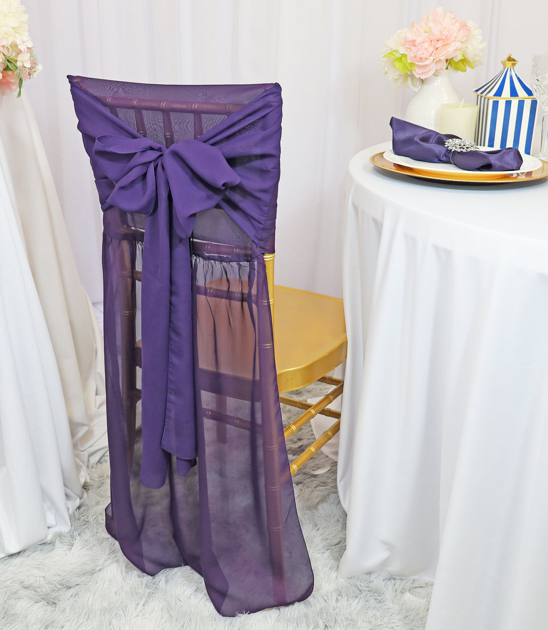 Eggplant Chiffon Chiavari Chair Back Cover with Sash