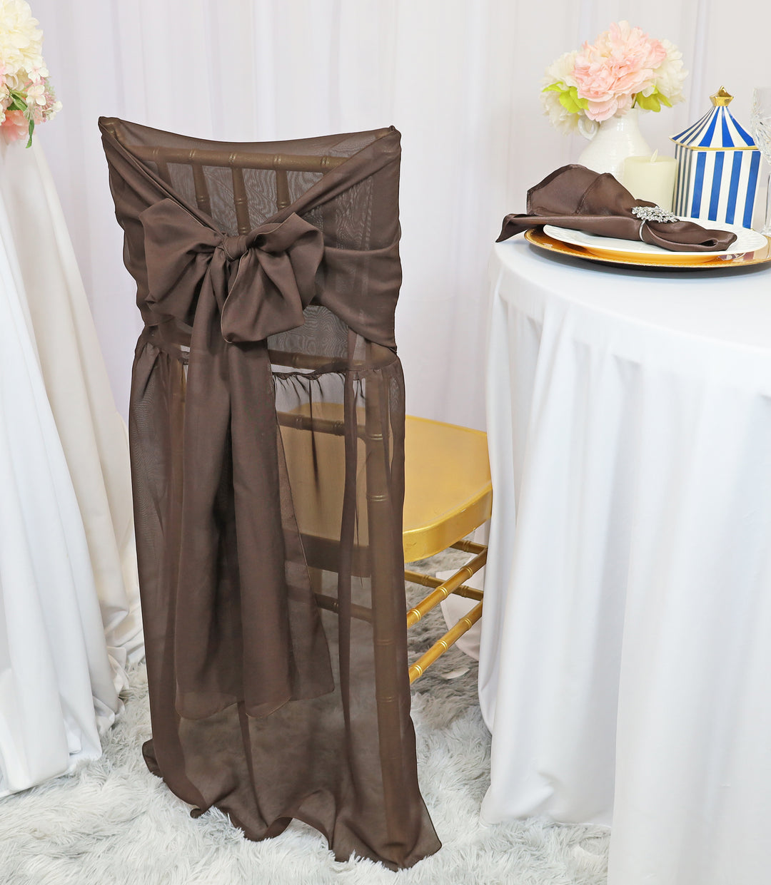 Chocolate Chiffon Chiavari Chair Back Cover with Sash