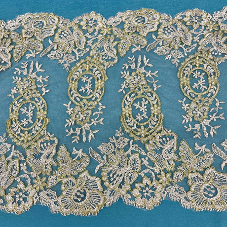 1 Yard 12.5" Wide Corded Double Sided Lace Trimming Embroidered on 100% Polyester Net Mesh