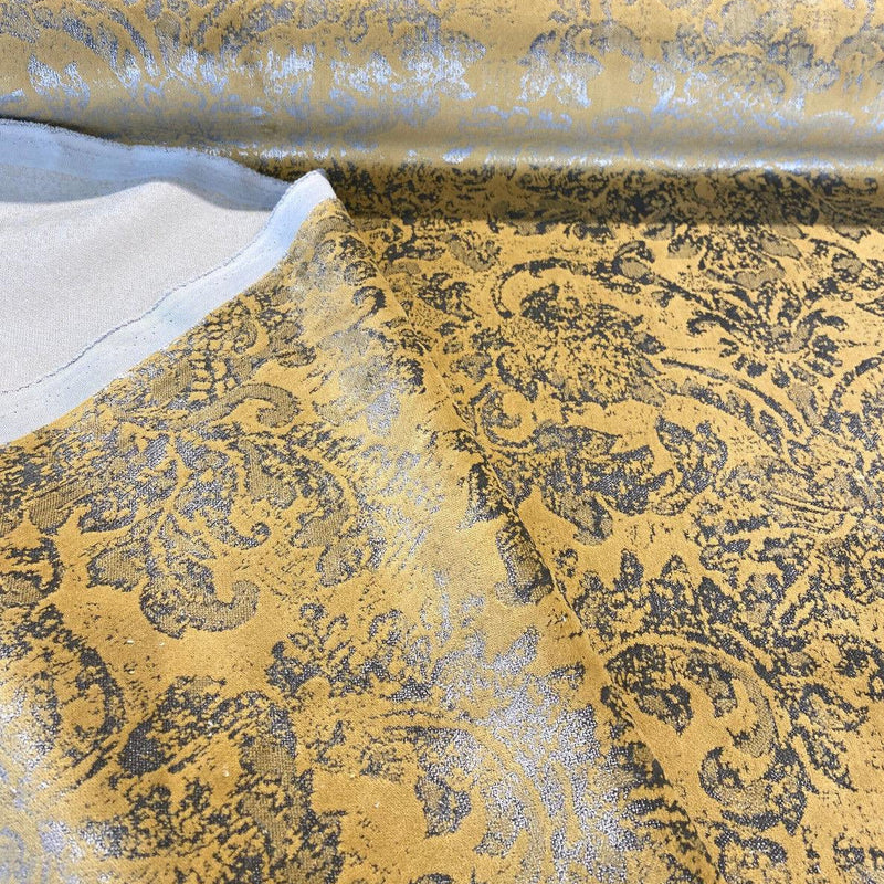 Daquan Gold Antique Velvet Latex Backed Upholstery Fabric - Gold Damask, 54" Width (1 Yard)