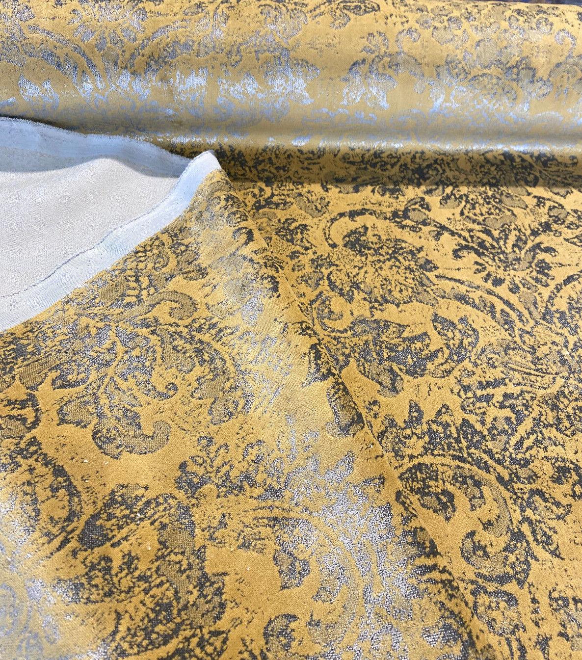 Daquan Gold Antique Velvet Latex Backed Upholstery Fabric - Gold Damask, 54" Width (1 Yard)