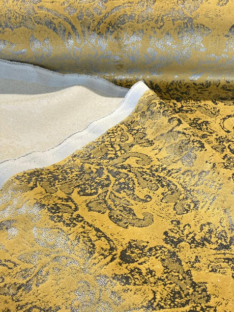 Daquan Gold Antique Velvet Latex Backed Upholstery Fabric - Gold Damask, 54" Width (1 Yard)