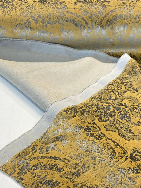 Daquan Gold Antique Velvet Latex Backed Upholstery Fabric - Gold Damask, 54" Width (1 Yard)