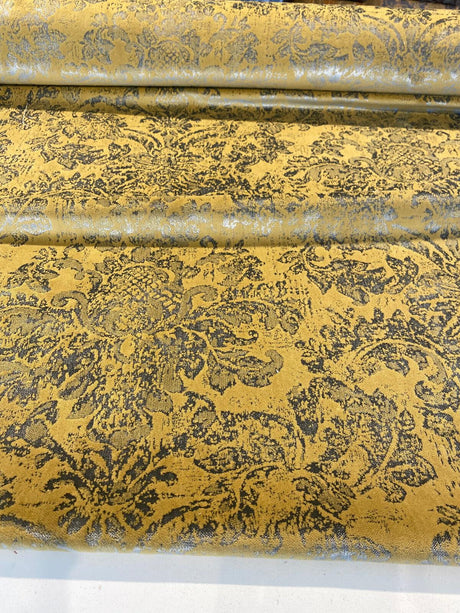 Daquan Gold Antique Velvet Latex Backed Upholstery Fabric - Gold Damask, 54" Width (1 Yard)
