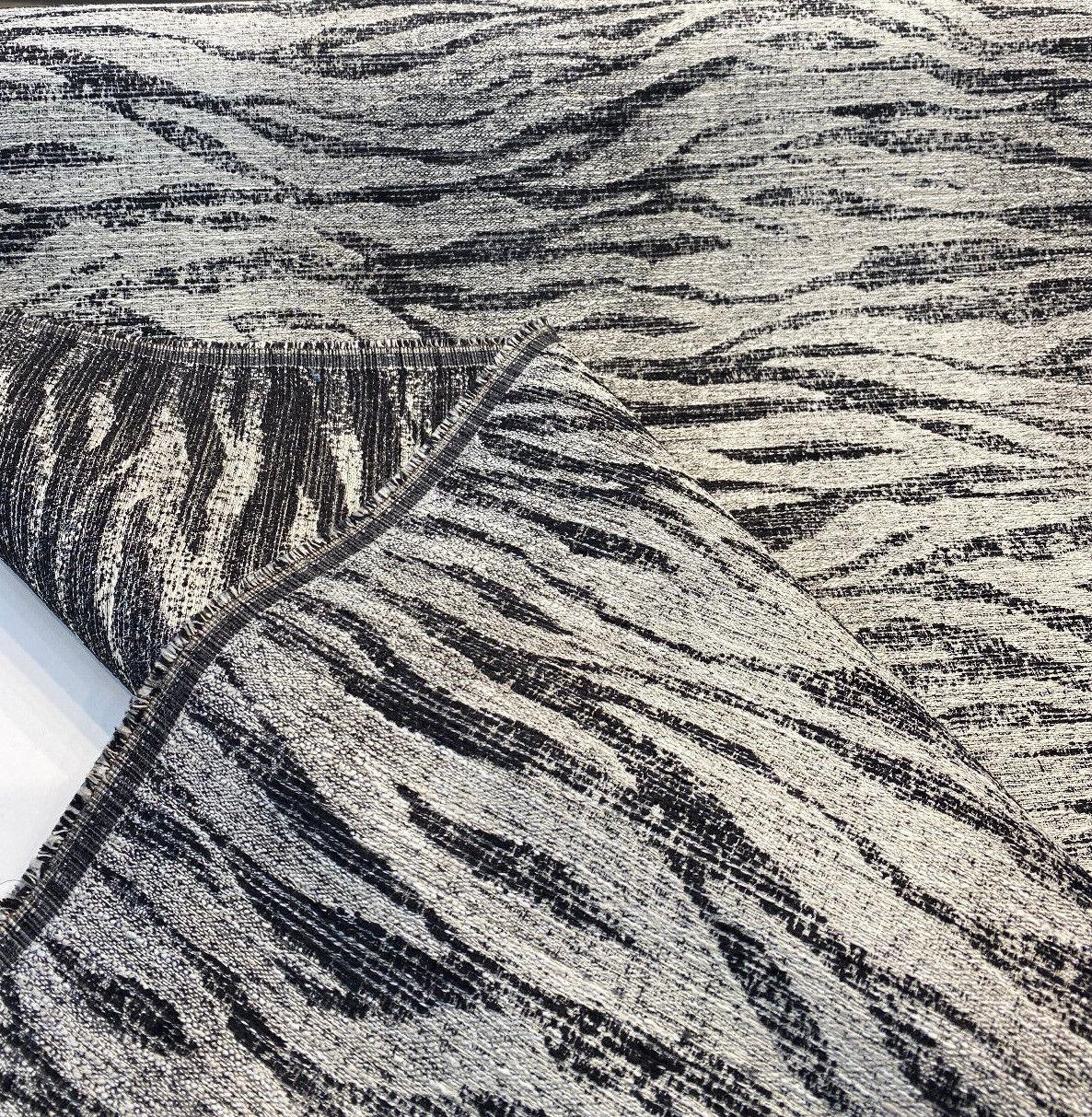 Burchellz Chenille Upholstery Fabric - Black Gray Off White Horizontal Pattern, 58" Width (1 Yard)