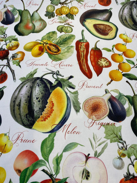 Sandy French Fruits Cotton Fabric - Multicolor Fruit Print, 54" Width (1 Yard)