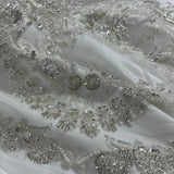 Beaded Lace Fabric Embroidered On 100 Percent Polyester Net Mesh - Off White, Antique Silver, White, 50" Wide (1 Yard)