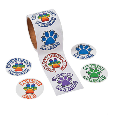 2 1/4" Multicolor Motivational Paw Print Sticker Roll 100 Pc