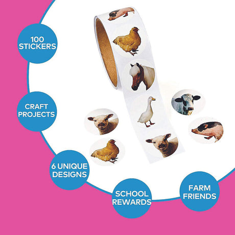 1 1/2" Realistic Farm Animal Photo Paper Sticker Roll 100 Pc