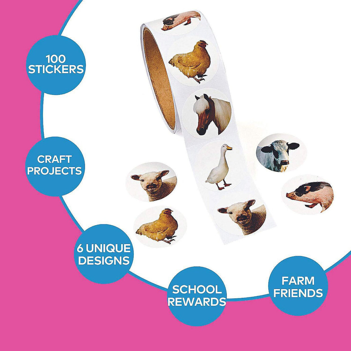 1 1/2" Realistic Farm Animal Photo Paper Sticker Roll 100 Pc