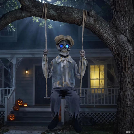 RADYAN Hanging Light-Up Animated Swinging Skeleton Boy Halloween Decoration shown in a clear product image