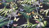 Palms Butterflies Cotton Fabric - Black Digital Print, 54" Width, 36.5" Horizontal Repeat, 24.5" Vertical Repeat (1 Yard)
