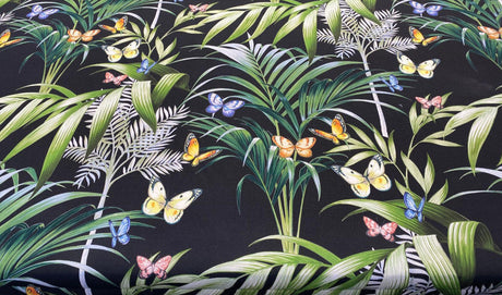 Palms Butterflies Cotton Fabric - Black Digital Print, 54" Width, 36.5" Horizontal Repeat, 24.5" Vertical Repeat (1 Yard)