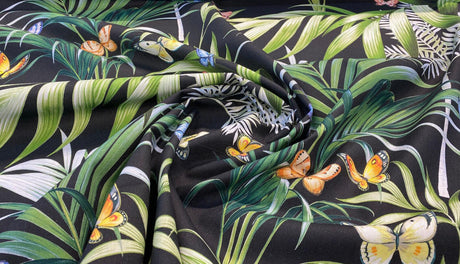 Palms Butterflies Cotton Fabric - Black Digital Print, 54" Width, 36.5" Horizontal Repeat, 24.5" Vertical Repeat (1 Yard)